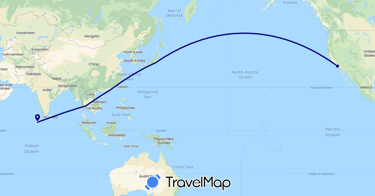 TravelMap itinerary: driving in China, Japan, Maldives, Thailand, United States (Asia, North America)